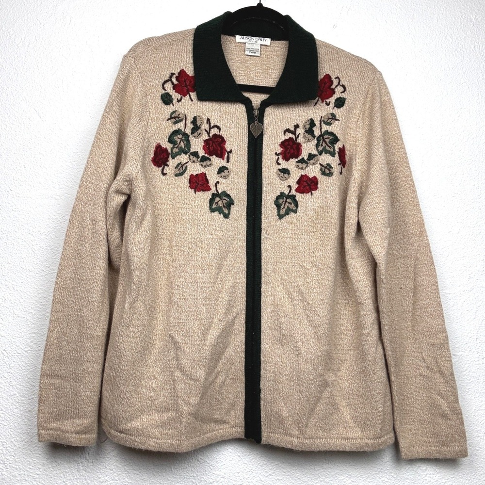 Allison Daley Tan Cardigan - PM - Embroidered Floral Full Zip Leaf Pull Vintage